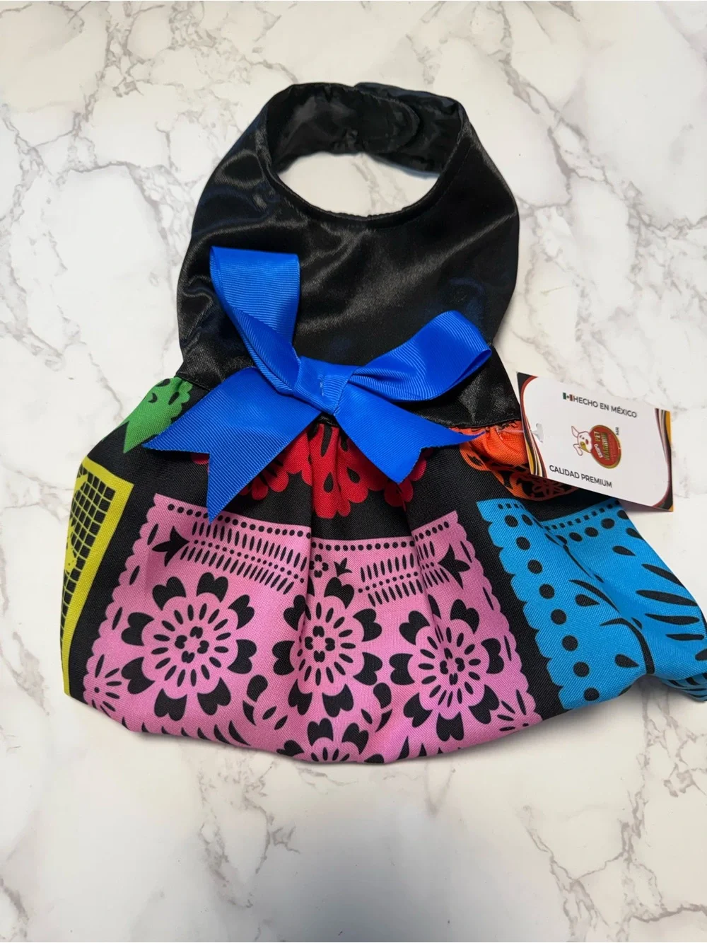 Pet Warrior Dog/ Cat PAPEL PICADO Custome Halloween Dress with Blue Bow.